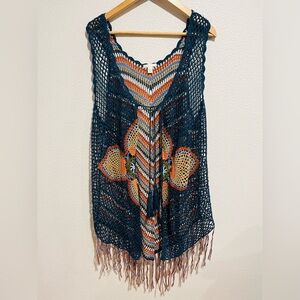 C EST 1946 Boho Hippie Festival Crochet Vest Cardigan Flower Tassle 1X / 2X